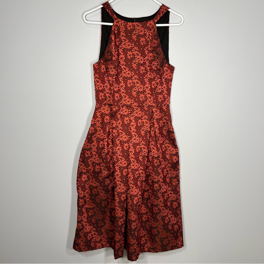Eva Franco Dress Womens 6 Red Floral Lined Cut Out Fit and Flare Midi Pockets